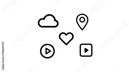Set of minimalist outline UI/UX icons for web and app design: cloud, location, heart, play buttons. Modern technology symbols.