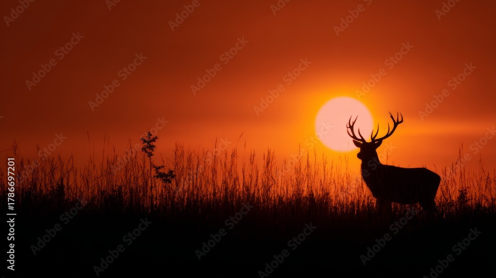 Obraz premium Majestic stag stands silhouette against vibrant sunset in a serene landscape