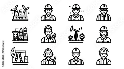Industrial Workers, Energy, Construction & Manufacturing Line Art Icons. Diverse Professions, Engineering & Factory Jobs Vector Set.