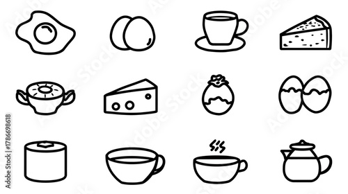 Hand-drawn outline vector icons set of breakfast foods, hot drinks, dairy, and desserts for menus or graphic design elements