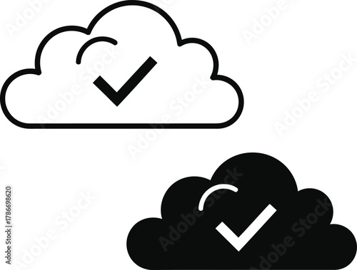 Two cloud icons show data connection and confirmation on transparent background for creative project