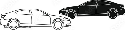 Two modern cars, one in black and the other in white, face each other against transparency