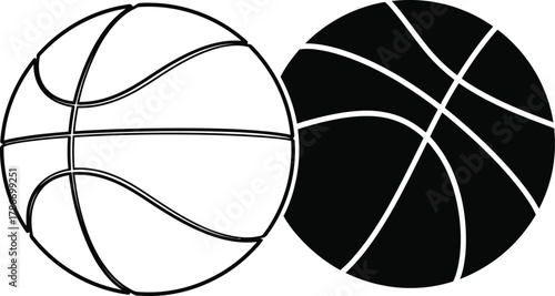 Two minimalist style basketballs with a black outline and white fills are on display