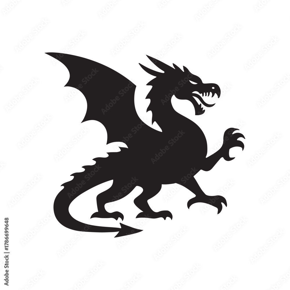 Fototapeta premium Silhouette of a Dragon with Wings and Spikes an Iconic Creature of Fantasy and Legend Black on White Background