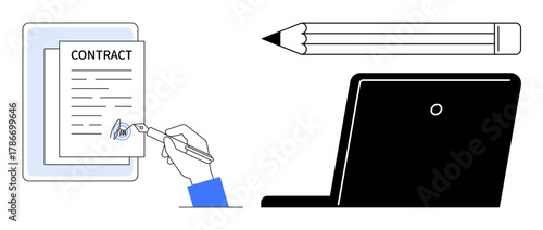 Hand signing a contract with a pen, a digital device, and a pencil displaying professionalism. Ideal for contract signing, business agreements, digital communication, remote work, legal