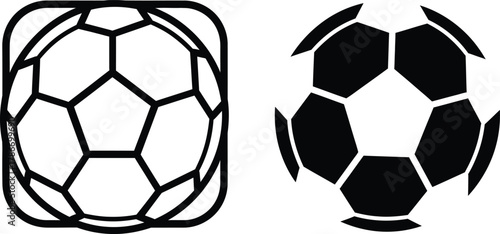 Two monochrome soccer ball icons showcase classic sporting equipment against a white backdrop