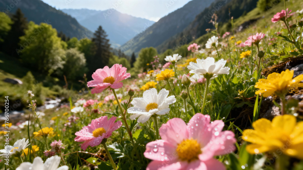 Obraz premium Colorful wildflowers in bloom on a mountain meadow with a stream and forested hills in the background
