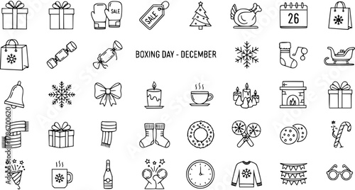 Boxing Day and December Holiday Line Art Icons Set
