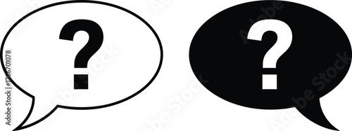 Two speech bubbles display a question mark, one is black and one is white