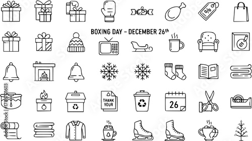 Boxing Day Icons: Winter Holiday Shopping Season Symbols, Vector Illustration