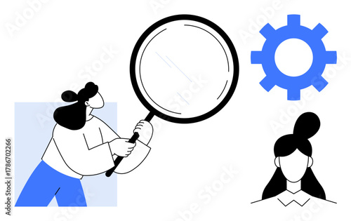 Female figure holding magnifying glass, examining details near gear and avatar head. Ideal for analysis, research, workflow, teamwork, human resources, business strategy, simple flat metaphor