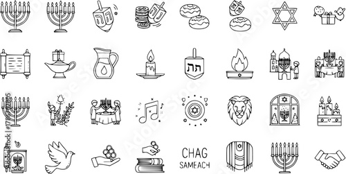 Hanukkah and Jewish Holiday Line Art Icons Set: Menorah, Dreidel, Donuts, Oil, Candles, Star of David