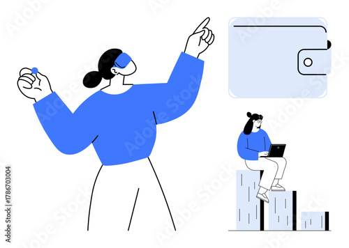 Woman gesturing confidently, wallet highlighting finance, seated individual working on laptop atop data bars. Ideal for teamwork, finance, technology, analysis, strategy, innovation growth