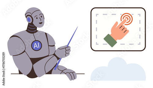 Robot labeled AI instructing with pointer towards a touchscreen interface featuring hand interaction. Ideal for education, learning, AI, innovation, interactivity, future technology, simple flat