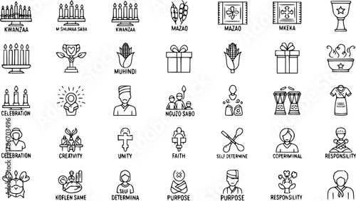 Kwanzaa Symbols: Black and White Icon Set of Celebration  Tradition. Includes Candles, Food  Cultural Artifacts. Vector Illustration.