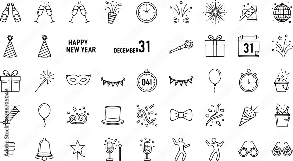 Naklejka premium New Year's Eve Celebration Outline Icons Set. Vector Collection of Festive Party Symbols like Champagne, Fireworks, Clock, Gifts, and Decorations.