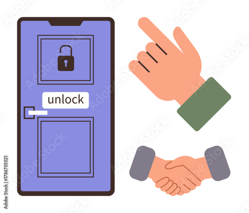 Door with lock and unlock sign, pointing hand gesture, and handshake motif. Ideal for access, agreements, teamwork, trust, partnership success. Simplistic flat metaphor