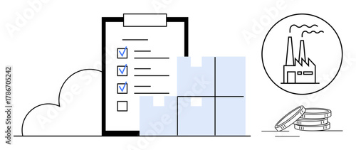 Checklist with marked tasks, warehouse boxes, coin stack, and factory outline in circle. Ideal for logistics, inventory, production, commerce, planning economy efficiency simple flat metaphor