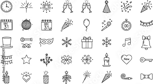 New Year's Eve Celebration Line Icons Set. Collection of Hand Drawn Party and Holiday Symbols: Fireworks, Champagne, Countdown, Gifts, Masks, and Festive Decorations.