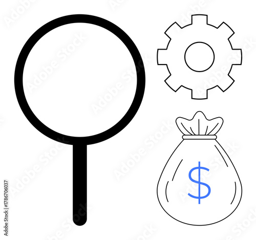Magnifying glass alongside gear and money bag with dollar sign representing analysis, efficiency, and wealth optimization. Ideal for business, finance, investment, research, strategy, productivity