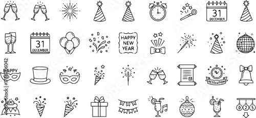New Year's Eve Icon Set: Black and White Doodle Style