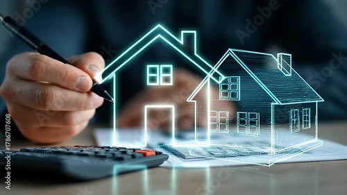 A person calculating mortgage options with a digital house overlay, symbolizing real estate investment