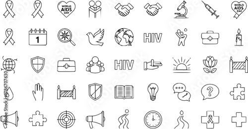 AIDS Awareness Icon Set: Solidarity, Prevention, and Support Line Art Vector Illustration