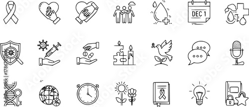 Healthcare Awareness Line Art Icons: Ribbon, Hands, Shield, Syringe, Dove, Book,  More