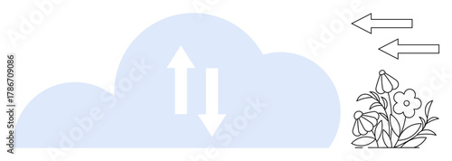 Cloud with up and down arrows, representing data transfer, next to blooming flowers for sustainability. Ideal for cloud computing, communication, growth, environment, ecology harmony nature. Simple