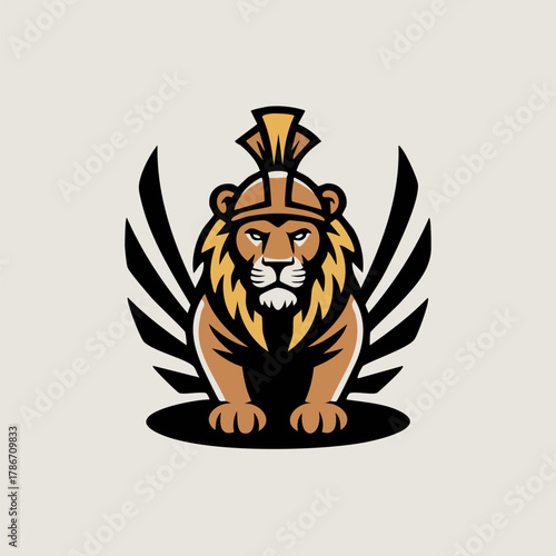 Vector illustration of a lion wearing a gladiator helmet, fierce and powerful, heroic pose.