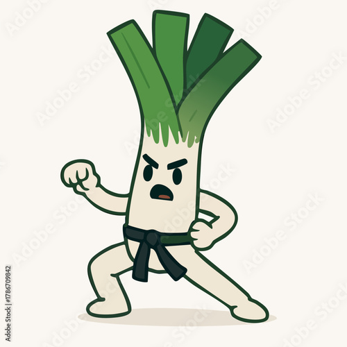 Vector illustration of a leek dressed as a karate fighter, in a dynamic martial arts pose, cute and playful.