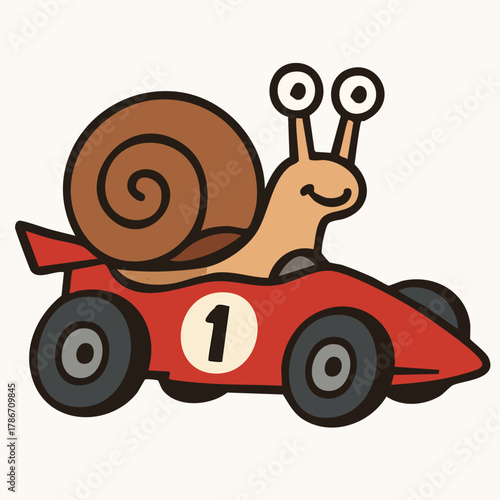 A vector illustration of a snail driving a race car, whimsical and humorous design. Minimalistic and editable vector artwork suitable for graphic design, cartoons, and fun/conceptual projects.