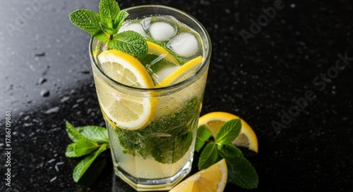 Cóctel de mojito de limón con menta, bebida fría y refrescante, vista desde arriba sobre una superficie de granito oscuro