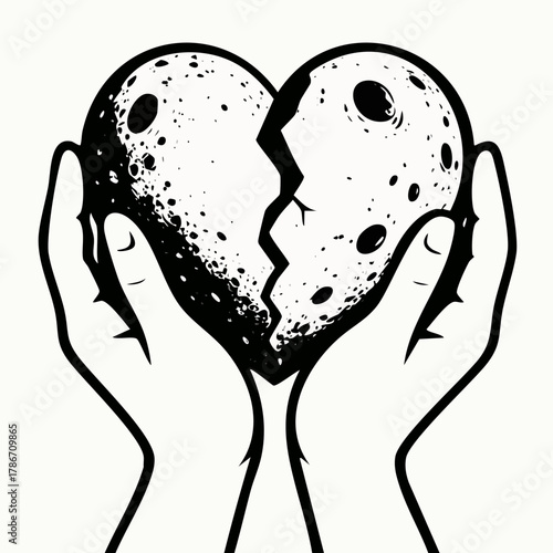 A vector illustration of a broken heart shaped moon held by hands, blending emotional and surreal elements. Minimalistic and editable vector artwork suitable for graphic design