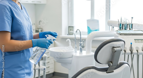 Dental assistant disinfecting clinic equipment with spray bottle, ensuring hygiene and patient safety in a modern healthcare environment.