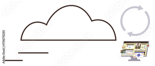 Cloud outline, arrows depicting synchronization, connected computer depicting information sharing and storage. Ideal for technology, data management, networking, remote work, innovation, digital