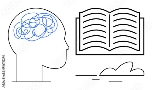 Human head with tangled lines in brain signifying confusion, alongside an open book denoting learning and clarity. Ideal for education, self-improvement, mental health, personal growth, learning