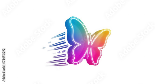 Vibrant neon butterfly with glowing rainbow colored wings and motion blur streaks isolated on transparent background