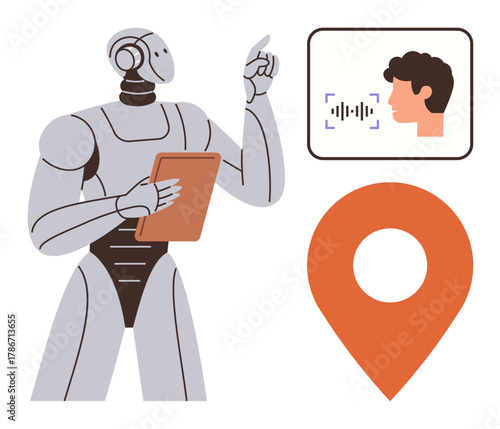 Robot holding tablet with pointing gesture, digital face identification and voice scan, and location marker. Ideal for AI concepts, technology, voice recognition, robotics, machine learning