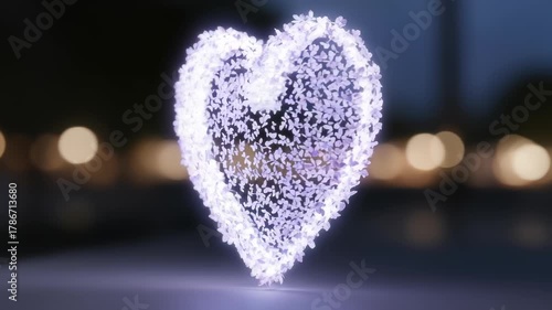 Blooming Affection: Animated Heart Symbol Made of Flowers Rotating in the Night Background