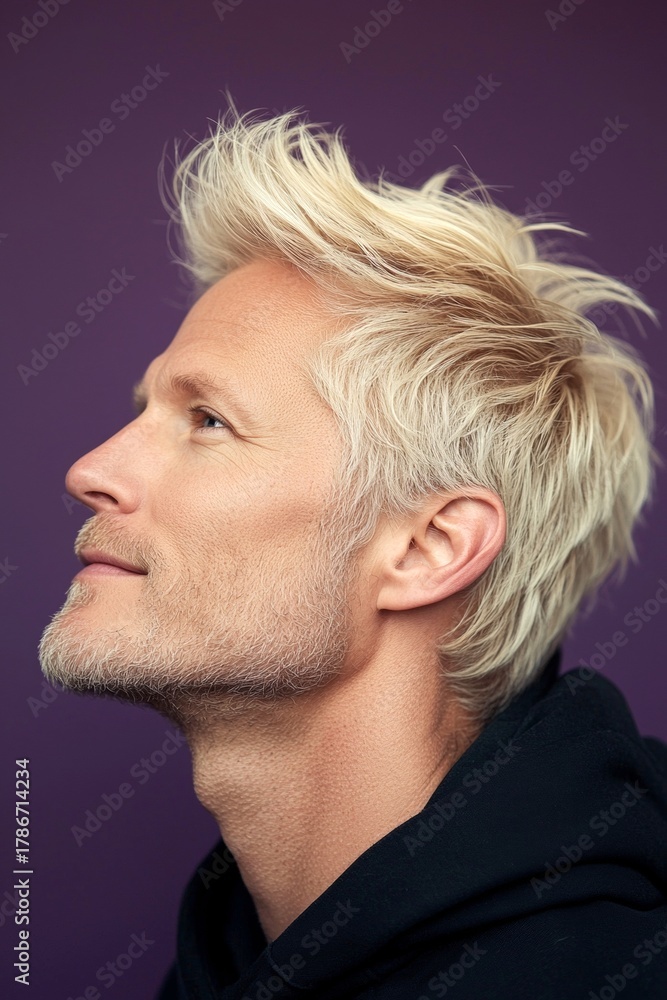Fototapeta premium Visual idea of style for aging men. Purple solid background. A s