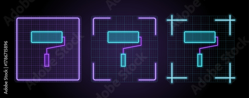 Roller frame painting icon illustration, cyber neon visual, glowing border grid vector.