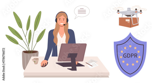 Woman wearing a headset working on computer, GDPR compliance shield for data protection, quadcopter carrying a package. Ideal for data privacy, customer support, delivery, compliance, security