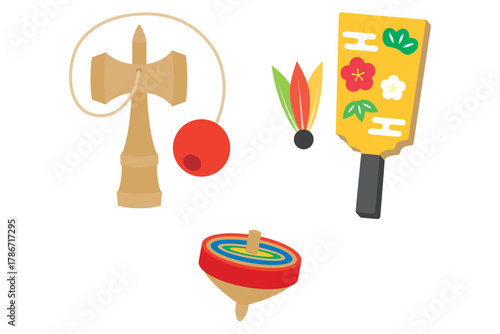 羽子板　けん玉　こま　正月　イラスト素材