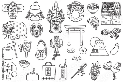 お正月の線画イラスト素材セット