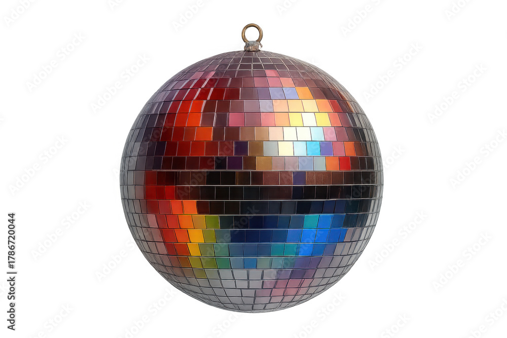 Fototapeta premium Disco ball reflecting a full spectrum of colors, enhancing a festive celebration, music, and dance party theme on a transparent background
