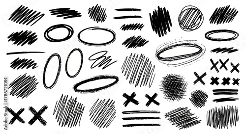 Variety of hand-drawn scribble elements for design and highlighting purposes, versatile doodles
