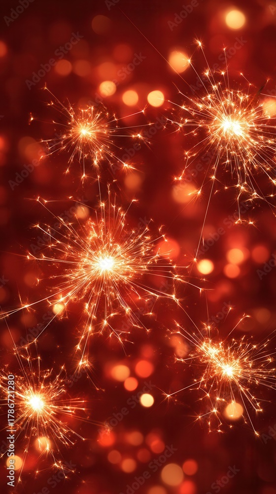 Fototapeta premium Sparkling fireworks burst against a vibrant red background, creating a festive atmosphere filled with glowing bokeh lights, ideal for celebrations and holiday events