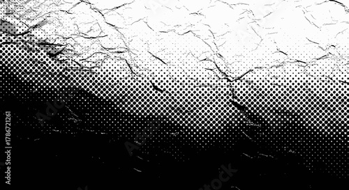 Distressed black and white halftone grunge texture with crumpled paper effect