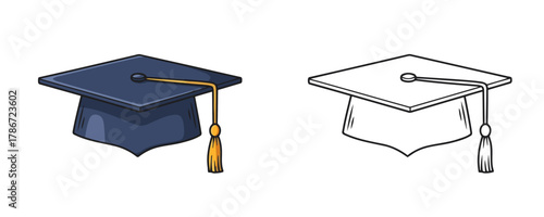 Stylized illustration of a traditional graduation cap or mortarboard with a yellow tassel, presented in color and as a black outline drawing